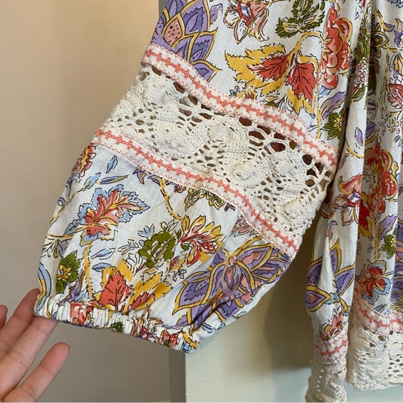Christian Siriano Cropped Blouse Women's XL Linen Floral Crochet Boho Hippie Top - Picture 2 of 9